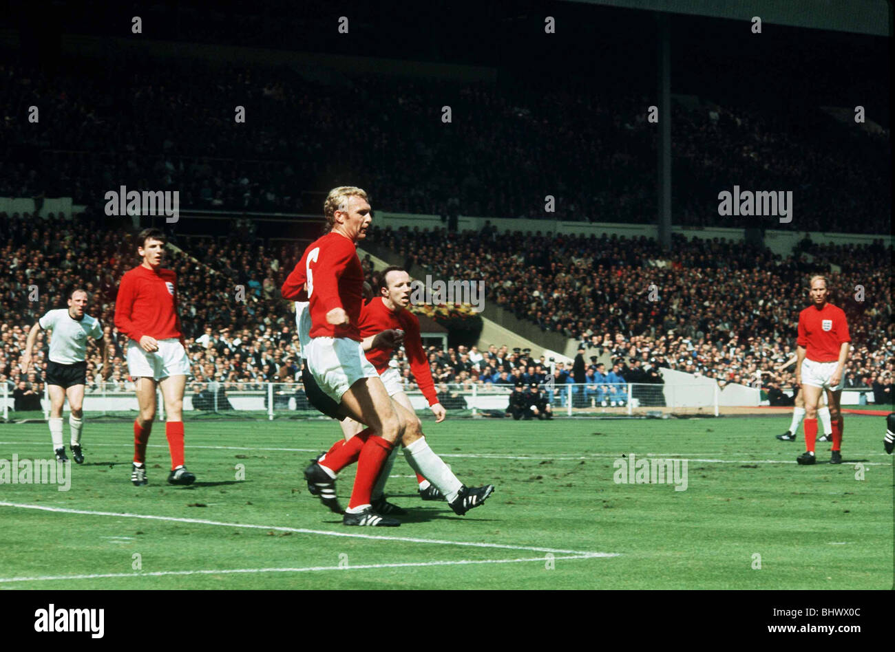Welt-Cup-Finale 1966 England Westdeutschland Bobby Moore Martin Peters Nobby Stiles Bobby Charlton Stockfoto