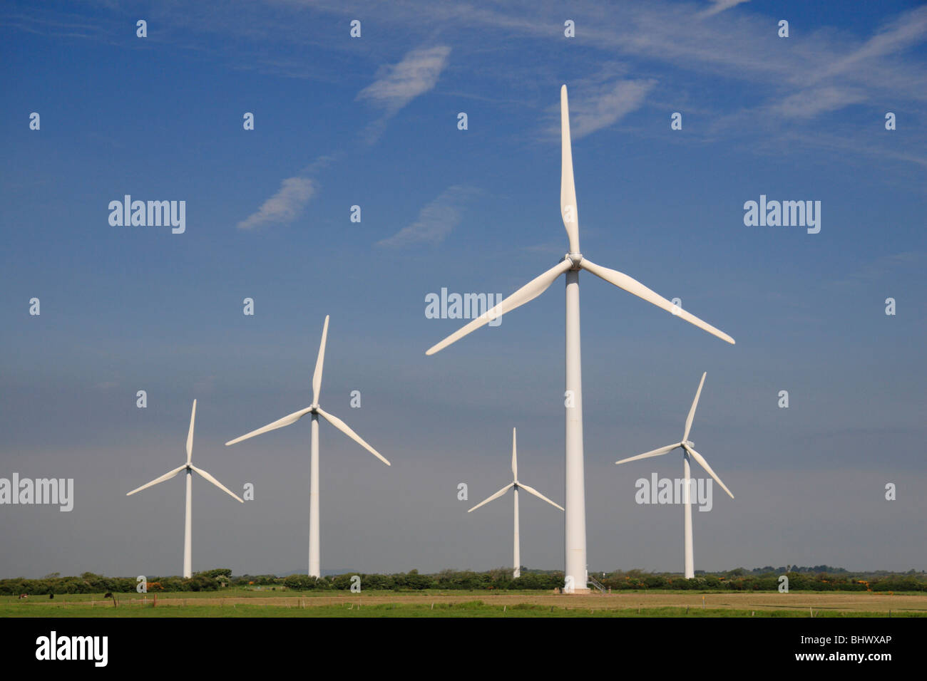 Die Windräder im Windpark Richfield, Wexford, Irland. Stockfoto