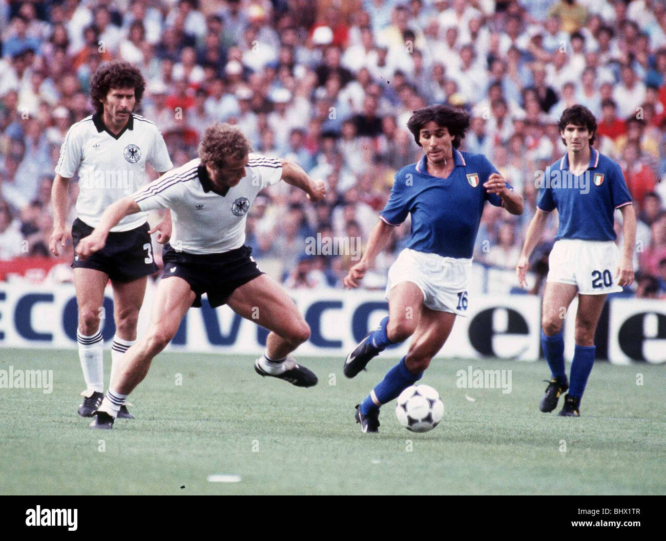 Italien V Westdeutschland WM 1982 Fußball Briegel, Conti, Breitner, Rossi Stockfoto