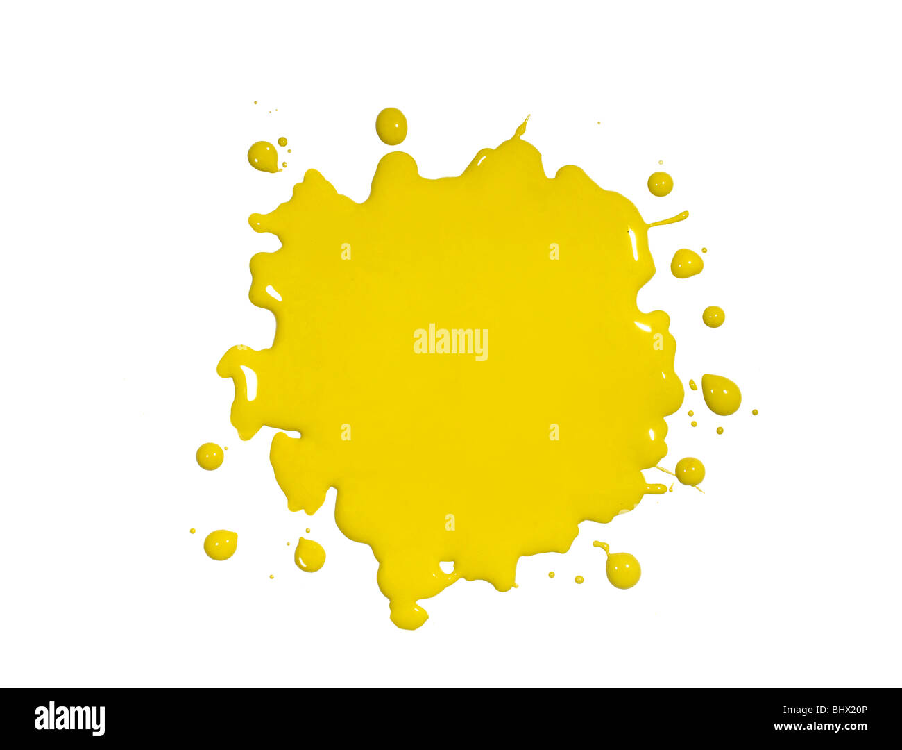 Gelbe Farbspritzer isoliert auf weißem Hintergrund Stockfoto