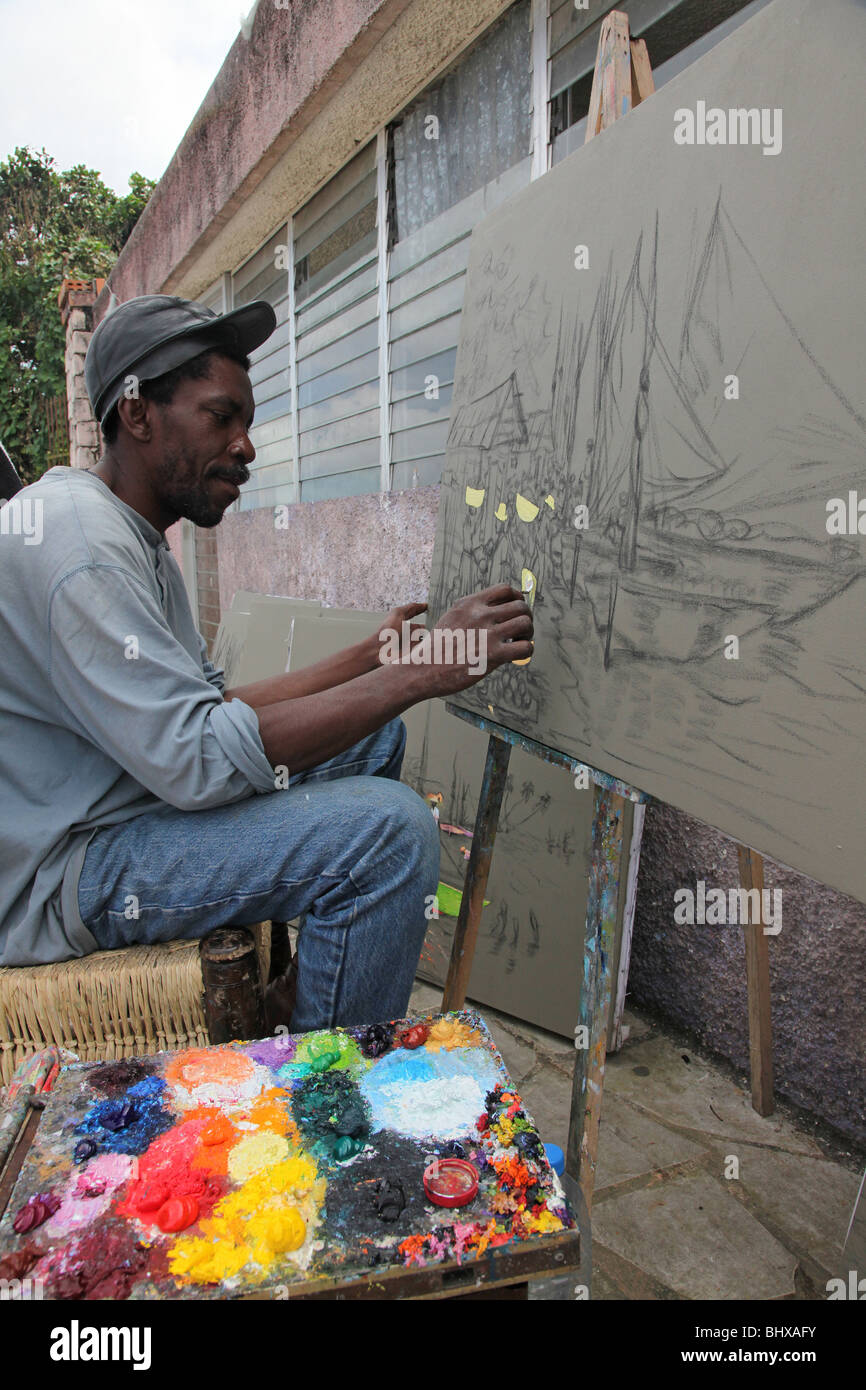 Haitianische Künstler malen auf Leinwand, Port au Prince, Haiti Stockfoto