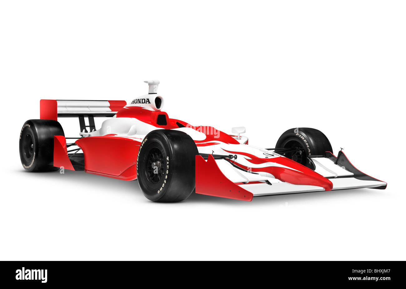 Führerschein und Ausdrucke auf MaximImages.com – Roter Honda Indy Rennwagen isoliert auf weißem Hintergrund mit Clipping-Pfad. Die meisten Marken wurden entfernt. Stockfoto