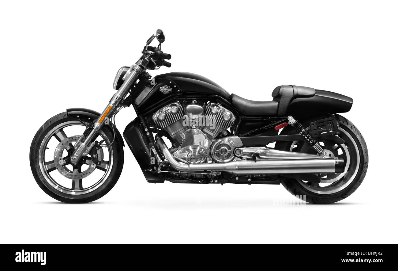 Schwarz 2010 Harley-Davidson VRSC V-Rod Muscle Motorrad isoliert auf weißem Hintergrund Stockfoto