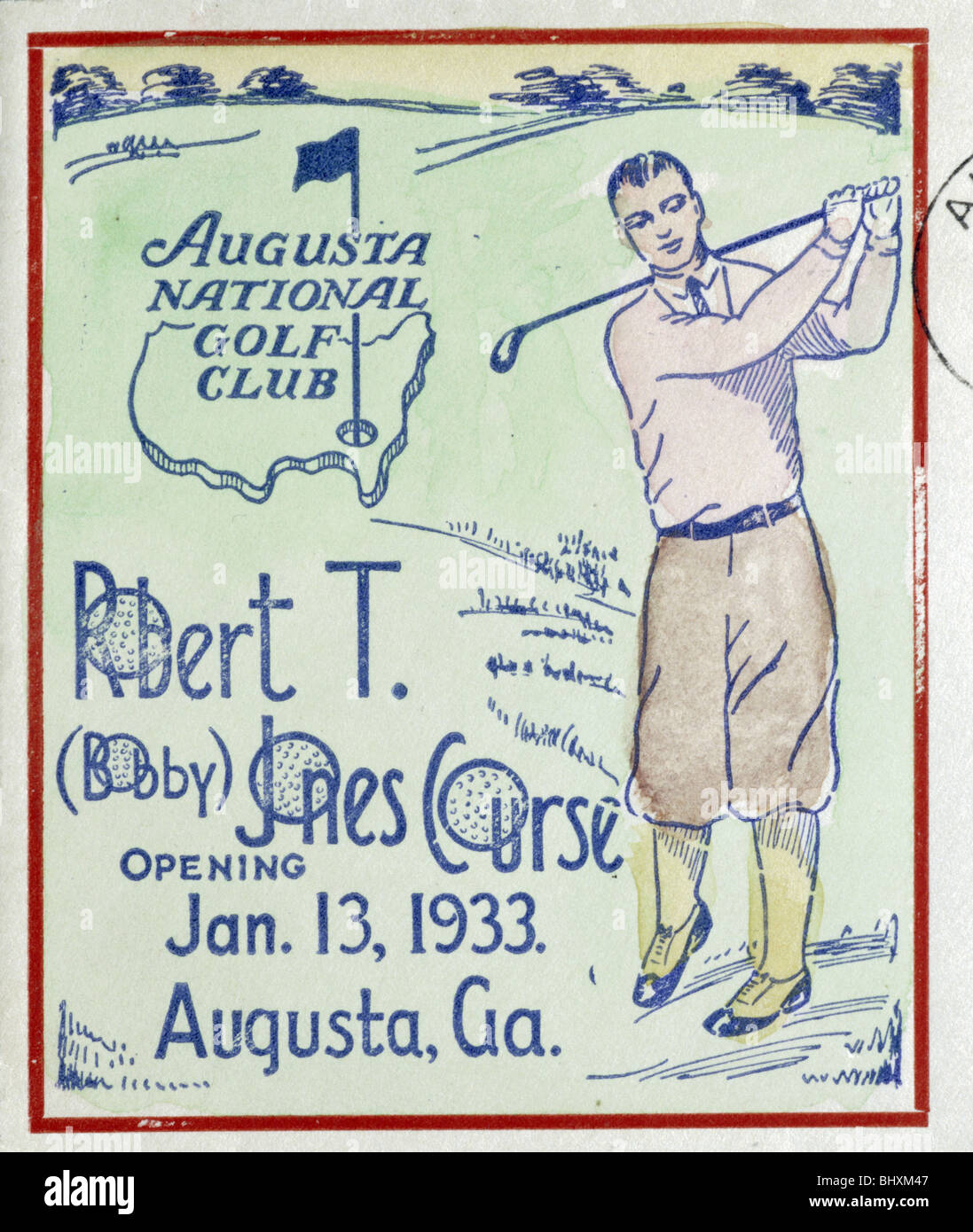 Plakat zur Eröffnung der Bobby Jones Kurs in Augusta, 1933. Artist: Unbekannt Stockfoto