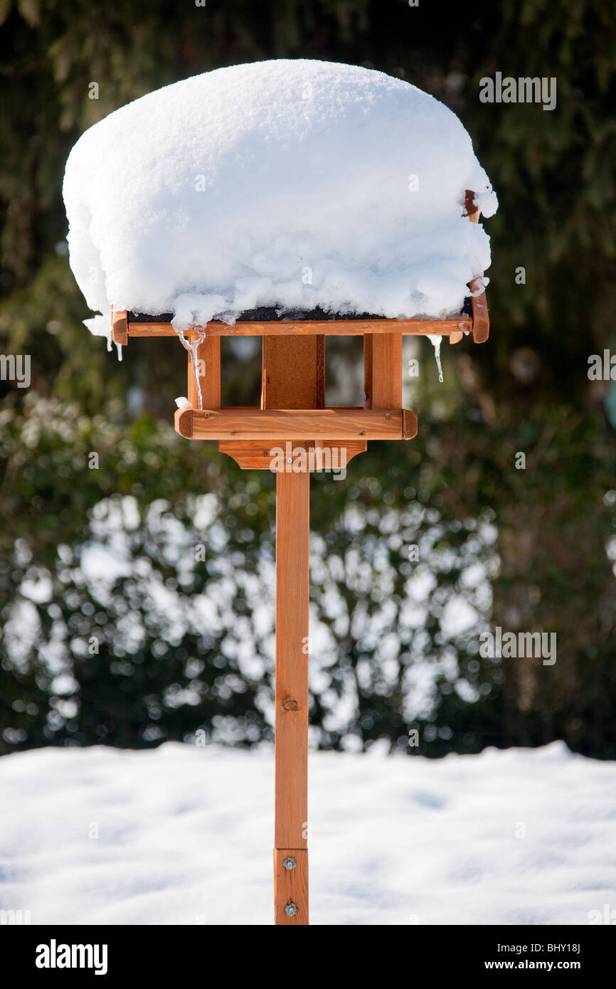 Vogelhaus mit Schnee Stockfoto