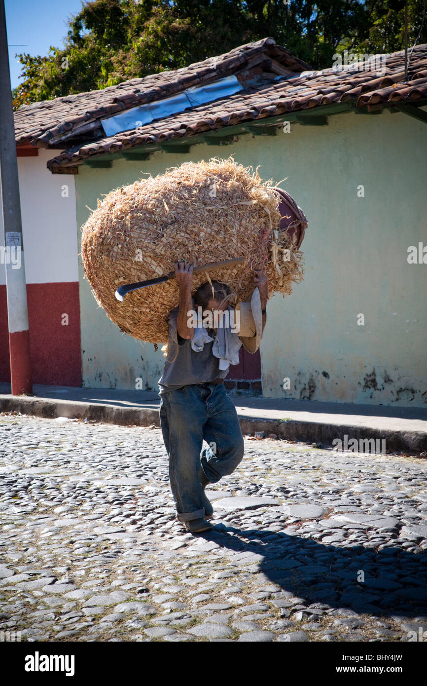 Ein älterer Bauer trägt eine schwere Last auf seinem Rücken, Suchitoto, El Salvador Stockfoto