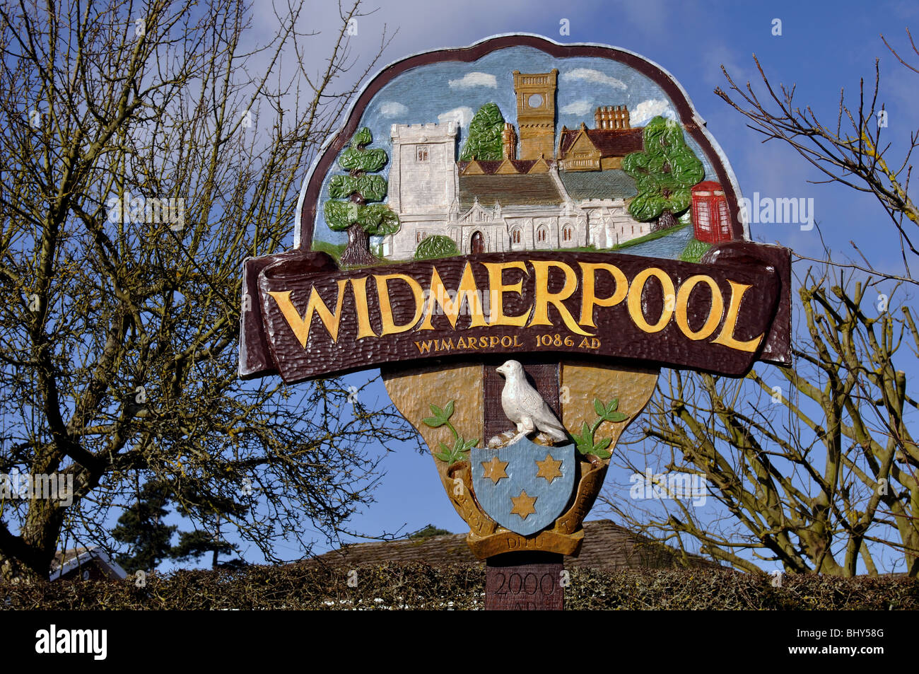 Widmerpool Dorf Schild, Nottinghamshire, England, UK Stockfoto