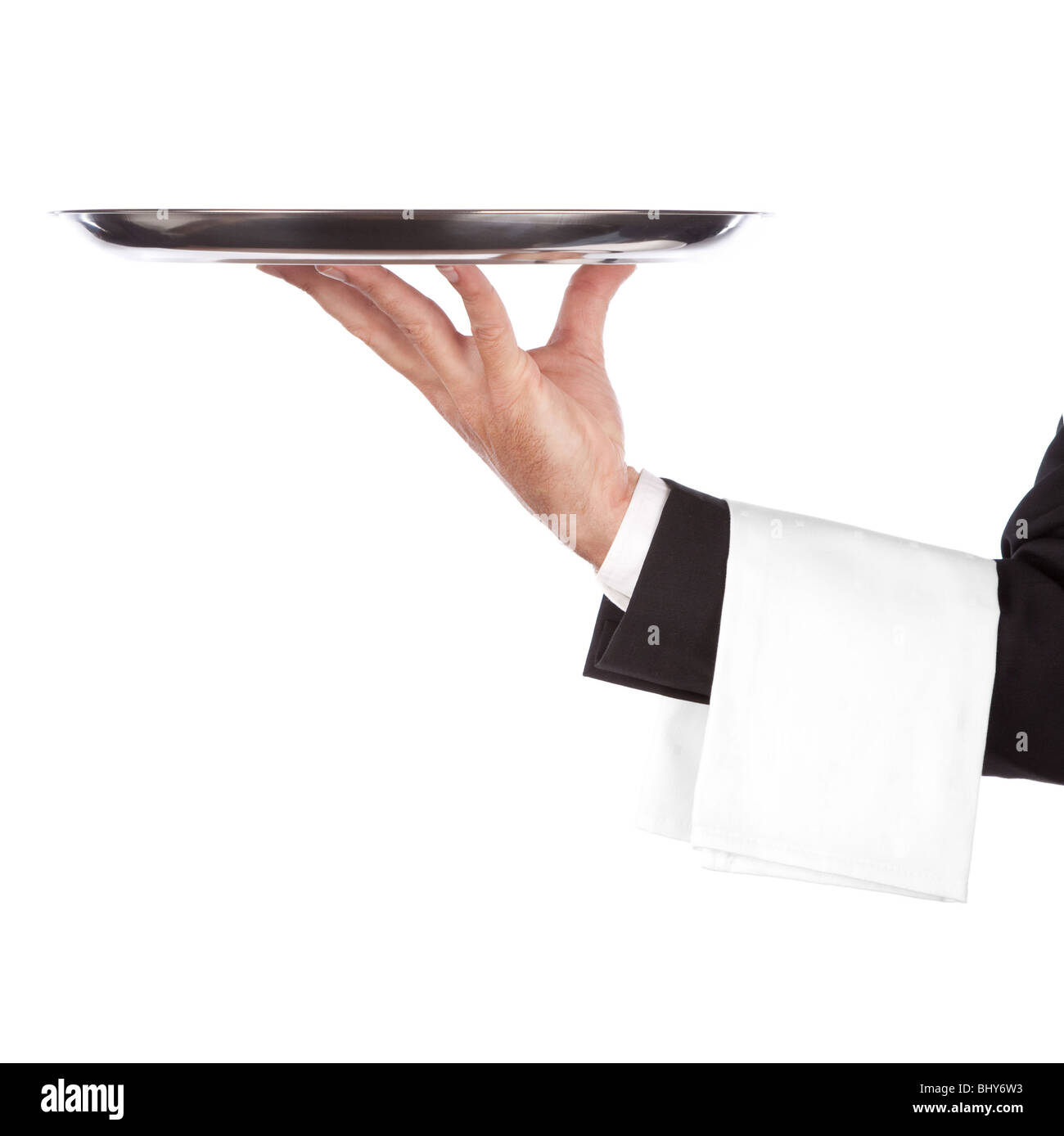 der Kellner mit einem silbernen Tablett. Isoliert auf weißem Hintergrund Stockfoto