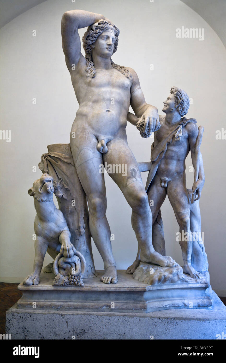 Dionysos mit einem Satyr und Panther. Römische Kopie einer hellenistischen griechischen original. Stockfoto