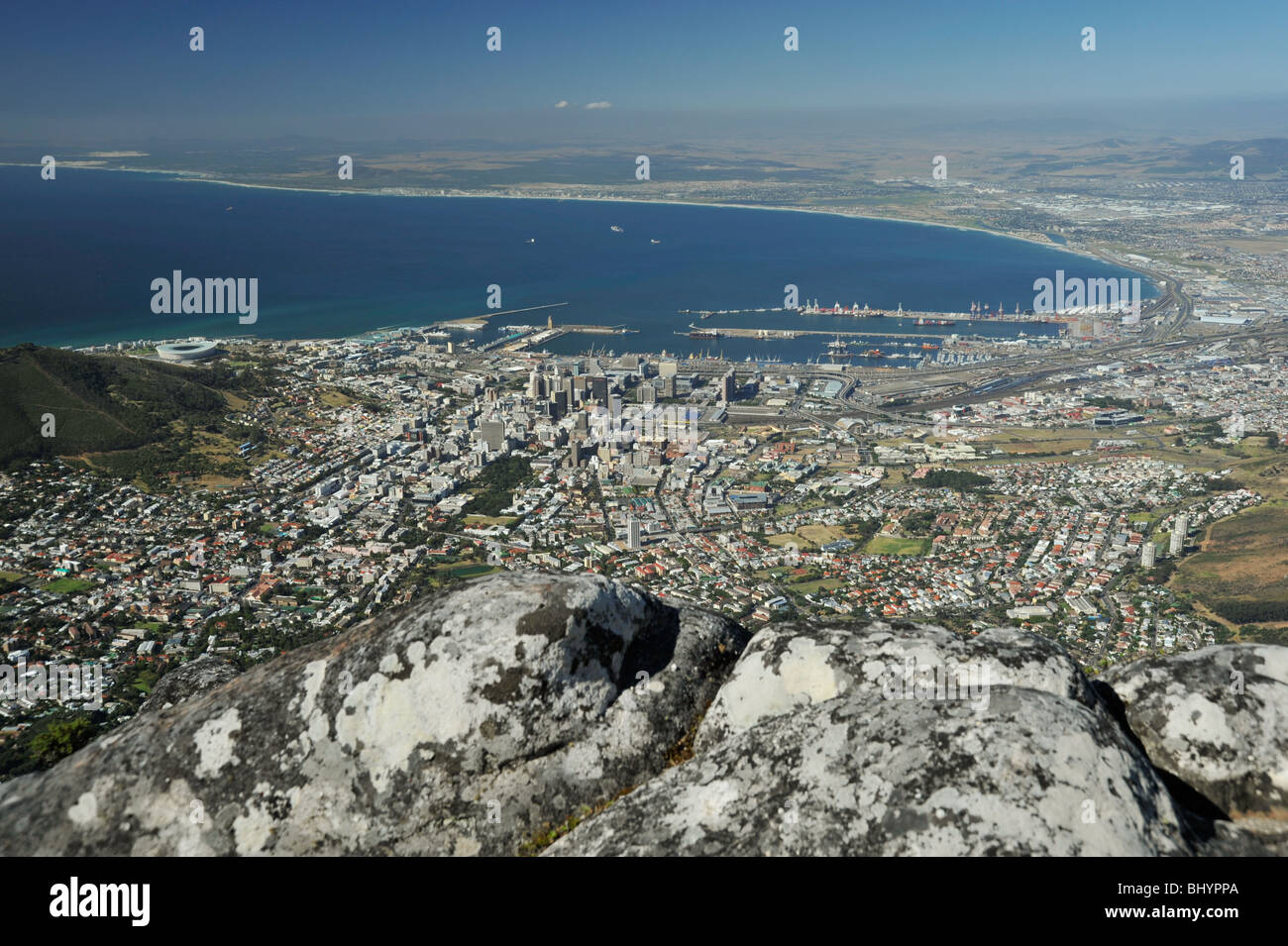 Kapstadt, Western Cape, Südafrika, Luftaufnahme, Table Bay und Kapstadt vom Tafelberg, Landschaft, Stadt, Downtown Stockfoto