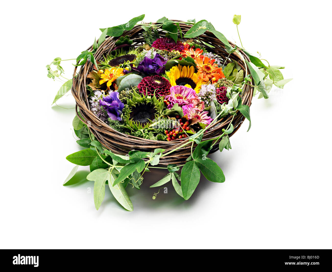 Sommerblumen in gewebte Vogelnest Stockfoto