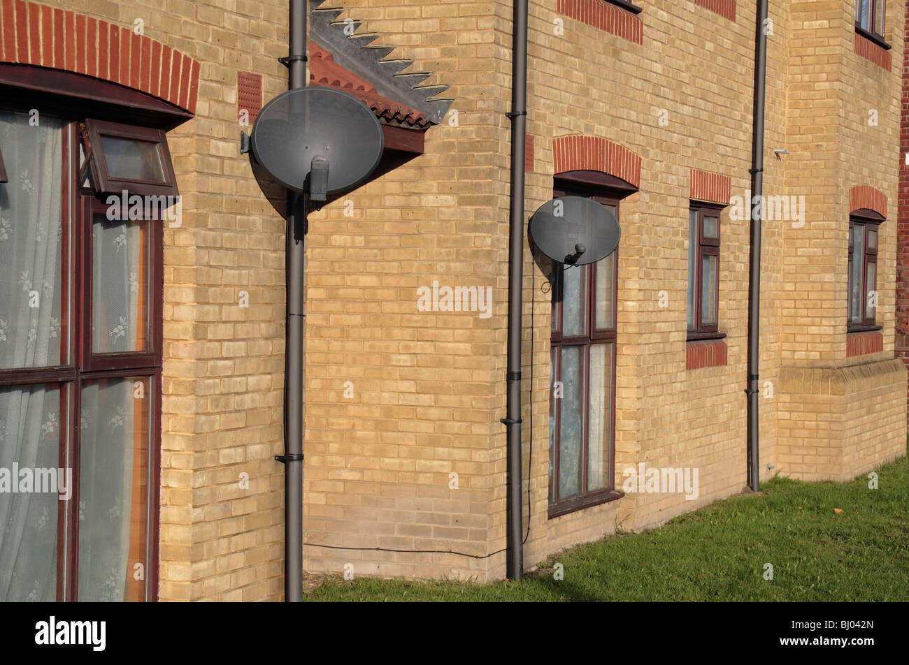 Fernsehen Satellitenschüsseln auf Wohnimmobilien in Hounslow West London Stockfoto