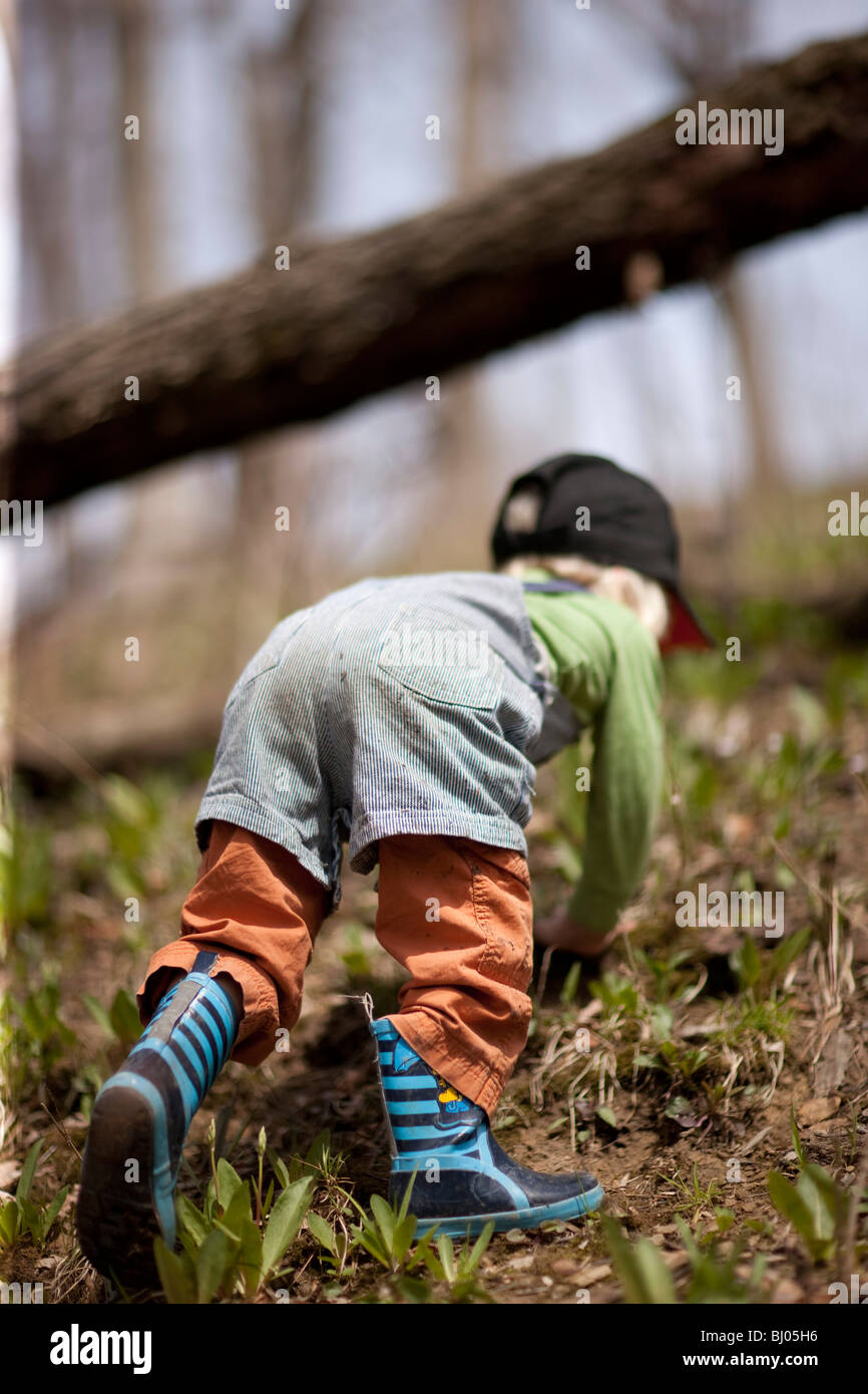 Kleiner Junge Gummi Stiefel Klettern auf einem Hügel im Wald. Stockfoto