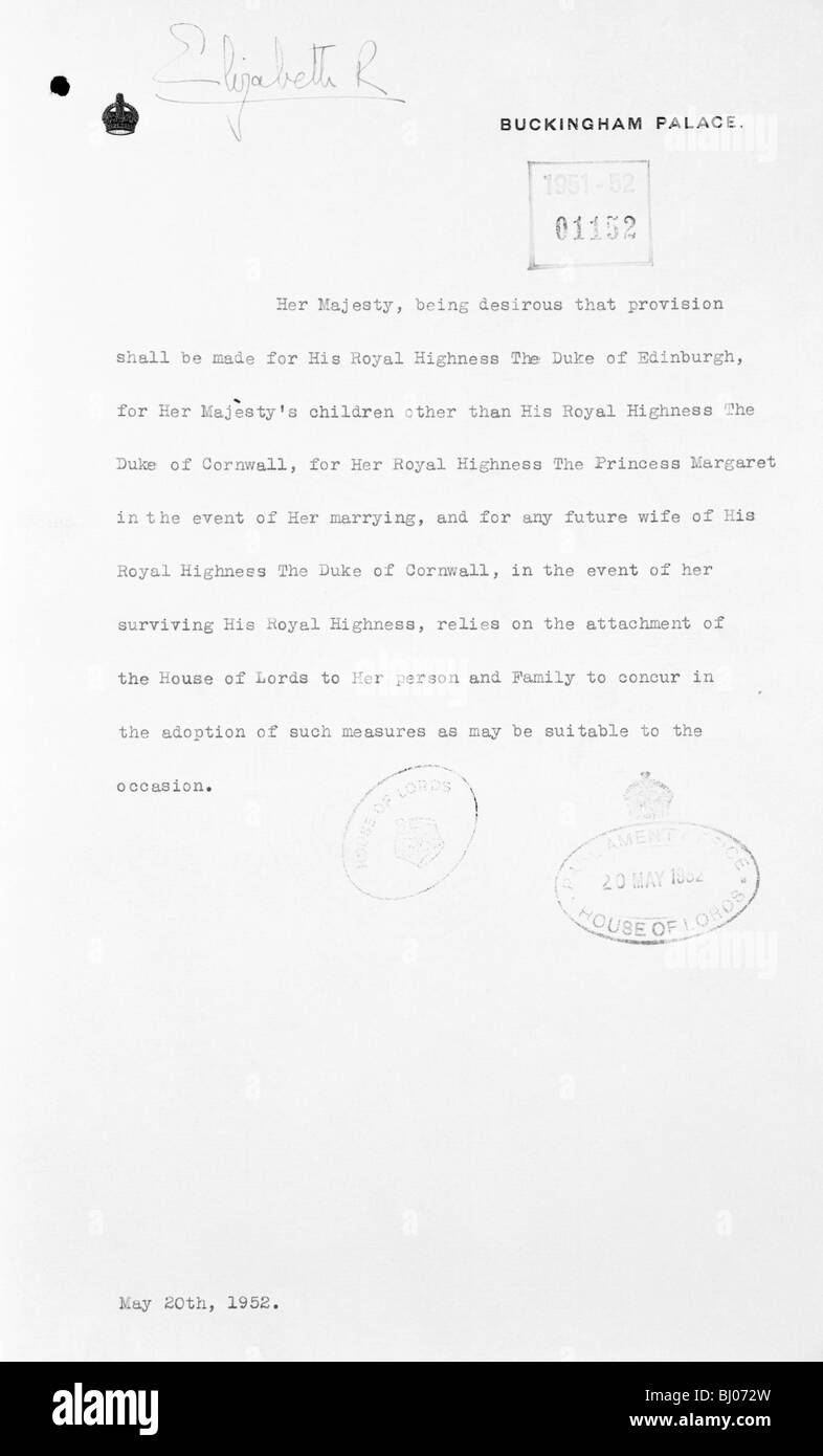 Brief von Elizabeth II., 20. Mai 1952 wieder königliche Nachfolge. Künstler: Königin Elizabeth II Stockfoto
