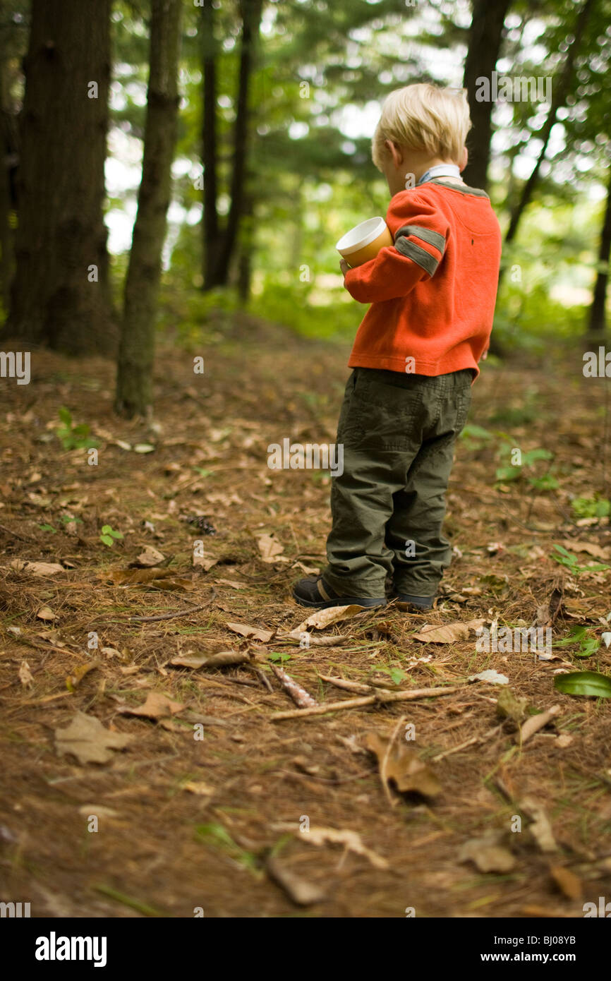 Junge im Wald spielen. Stockfoto