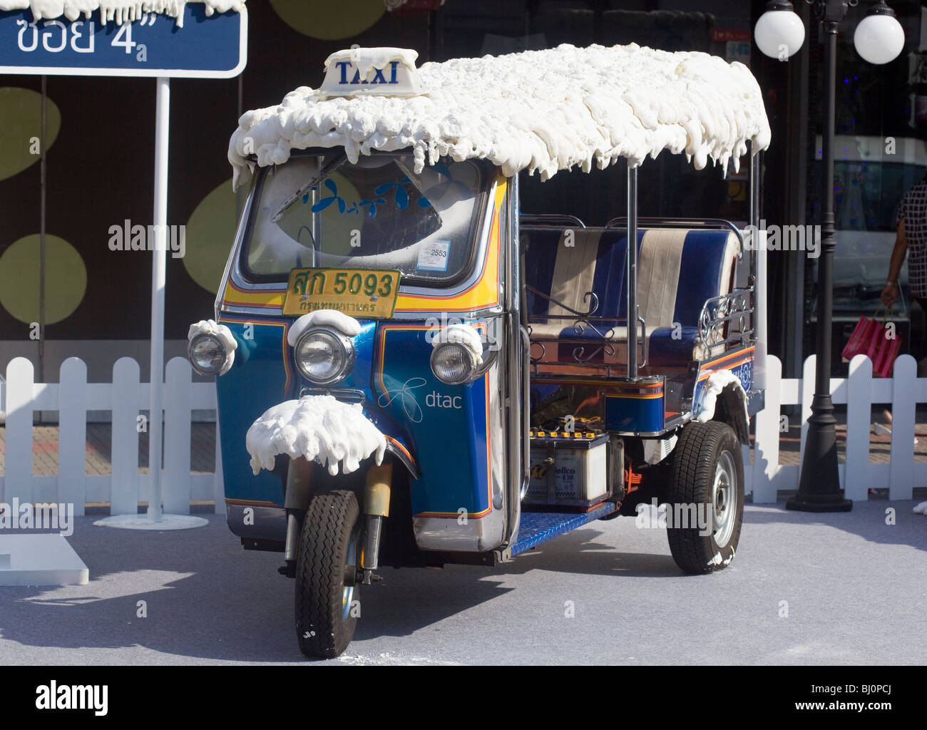 Schnee bedeckt Tuk Tuk Bangok Thailand Stockfoto