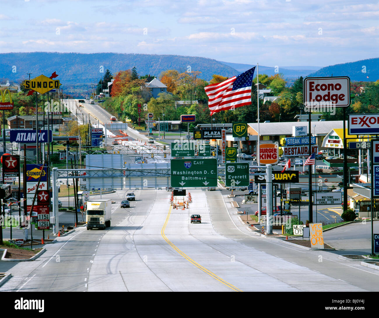 Breezewod, Pennsylvania, "Stadt des Motels" und Fast-Food, Ausfahrt 12 der Pennsylvania Turnpike und Interstate 70 Stockfoto