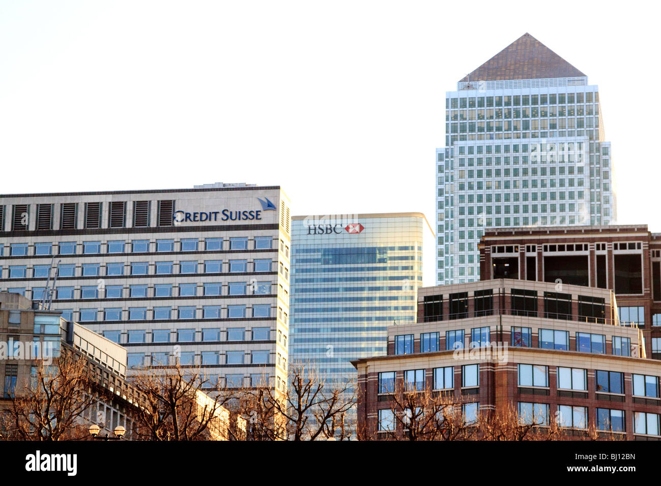 Canary Wharf Finanzplatz, HSBC und Credit Suisse Türme und One Canada Square Stockfoto