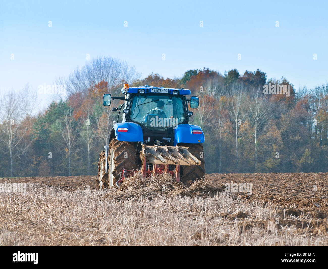 New Holland T6050 Traktor Winter Pflügen, Sud-Touraine, Frankreich. Stockfoto