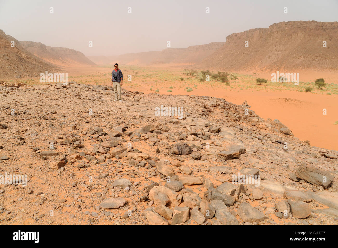 Ein junger ägyptischer Mann stand auf einem felsigen Plateau oberhalb von Wadi Hamra im gilf Kebir in der westlichen Wüste Ägyptens. Stockfoto