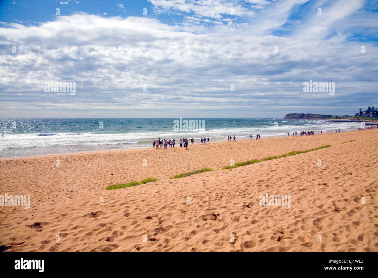 Collaroy Beach Sydney, eine Gruppe von Leuten, die am Strand entlang am Collaroy Beach, NSW, Australien spazieren gehen Stockfoto