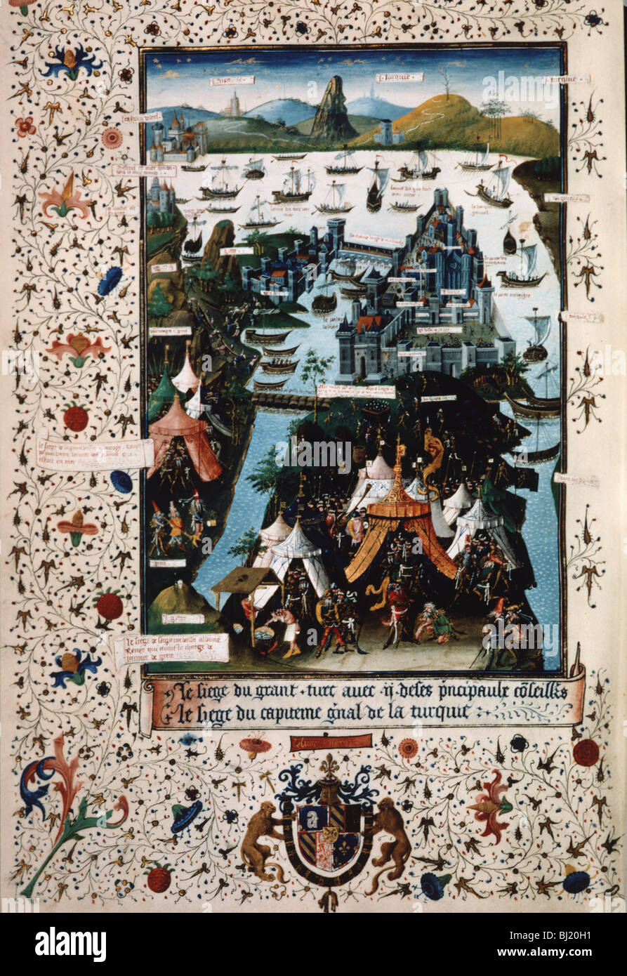 Türkische Belagerung von Konstantinopolise von Bertrandon De La Broquiere Reise d'Outre-Mer, 1453 MS FR 9087 f207v Stockfoto