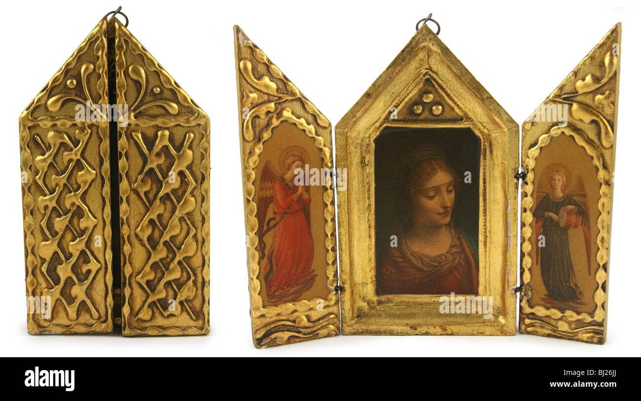Ca. 1960er Jahre Florentiner goldene Madonna-Triptychon, gezeigt, offen und geschlossen. Stockfoto