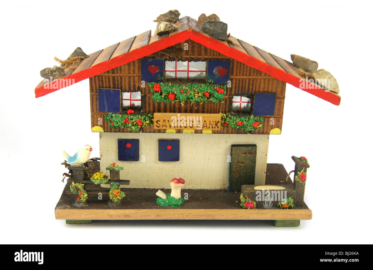 1960er Jahren deutschen Schwarzwald Sparkasse, dekoriert und handgefertigte Holz. Stockfoto