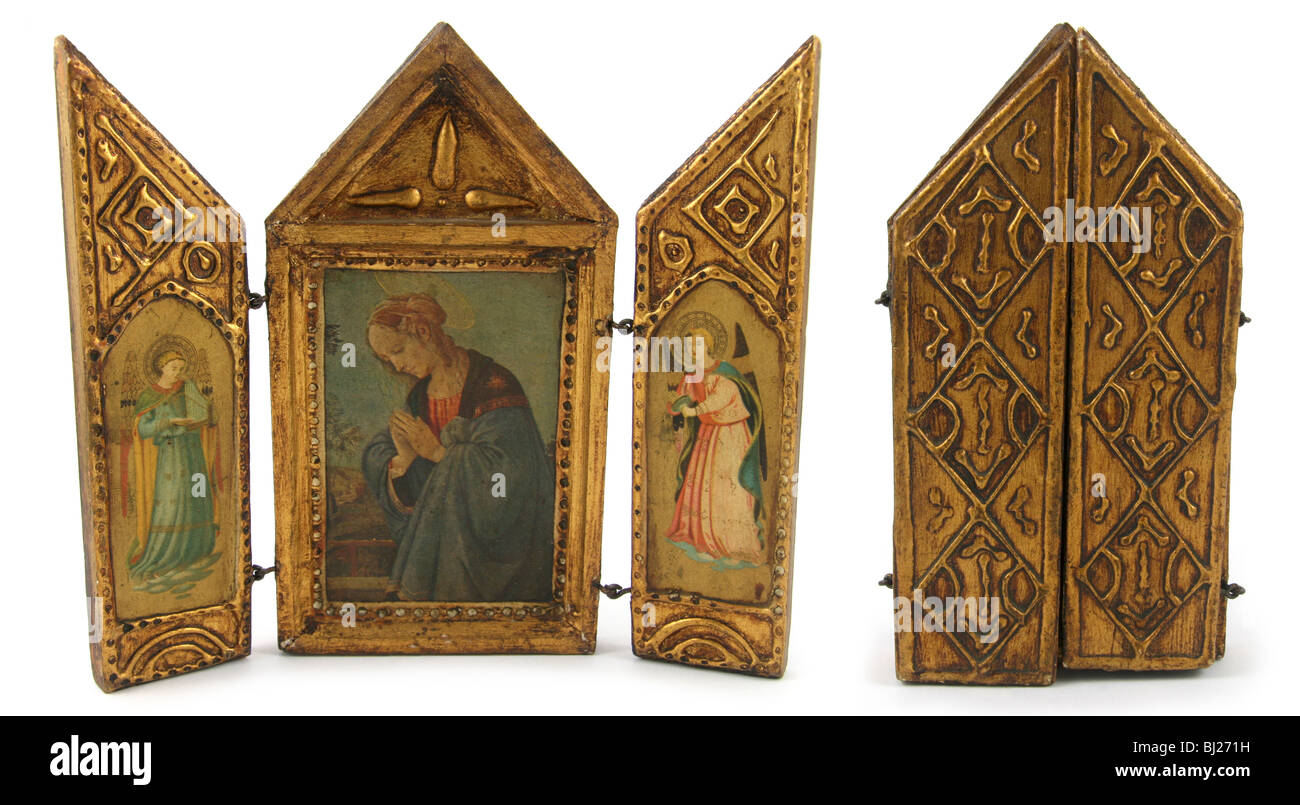 Ca. 1960er Jahre Florentiner goldene Madonna-Triptychon, gezeigt, offen und geschlossen. Stockfoto