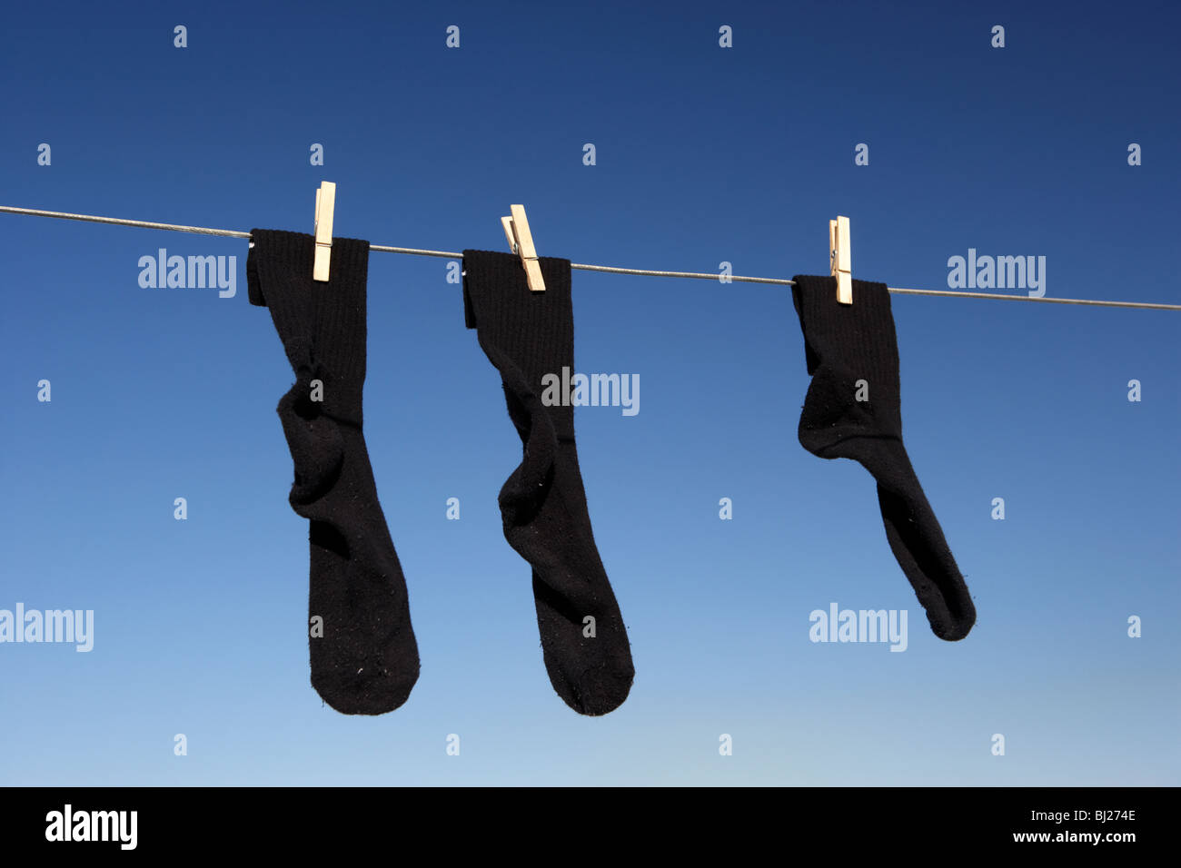 paar schwarze Socken und ein Kuckucksei hängt eine Wäscheleine mit blauem Himmel Stockfoto