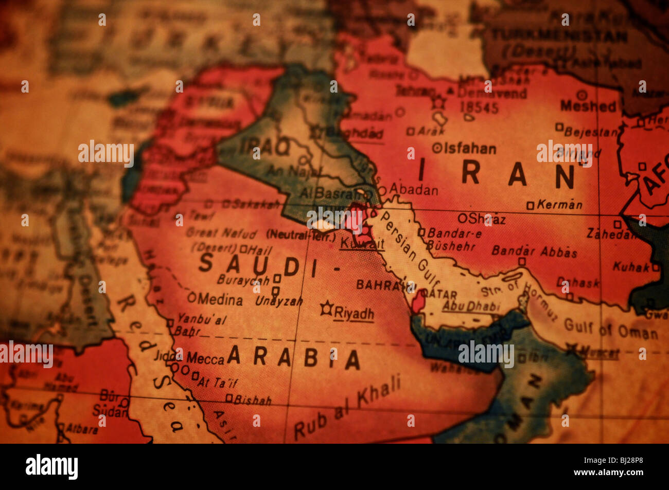 Ein Detail-Foto der Welt wie auf einem antiken Globus dargestellt. Mit Schwerpunkt auf den Persischen Golf. Stockfoto