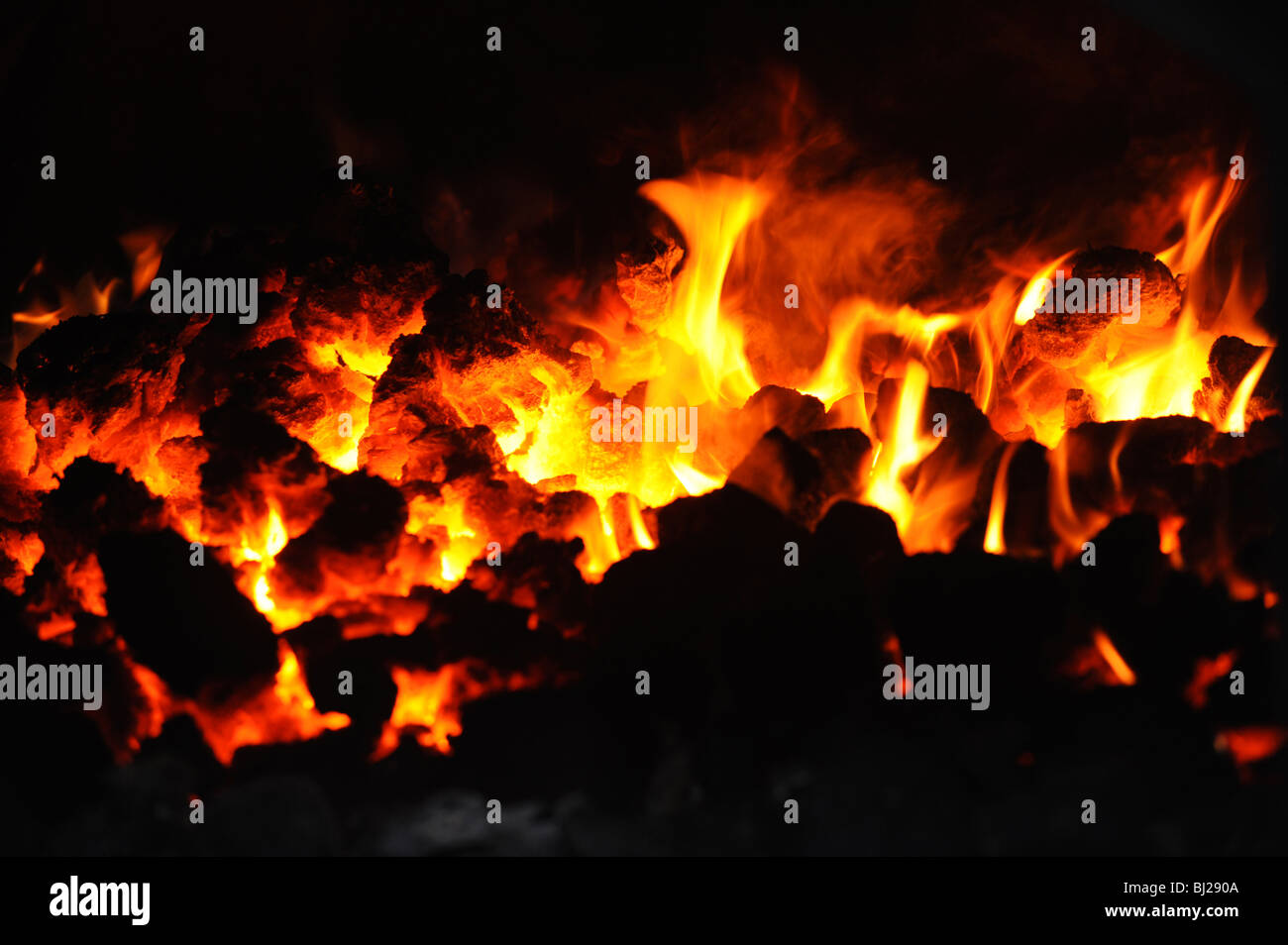 Verbrennung von Kohle mit roten heißen Flammen Stockfoto