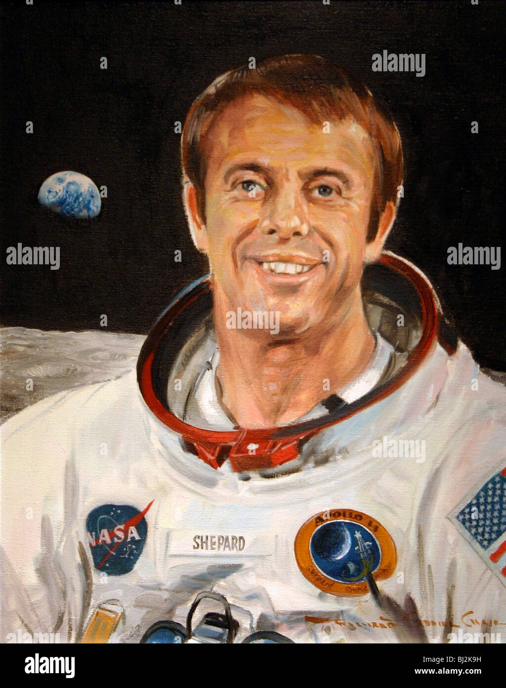 Dies ist ein gemaltes Porträt des amerikanischen Astronauten Alan B. Shepard Jr. Nur zu redaktionellen Zwecken verkauft werden. Künstler-Signatur ist Stockfoto