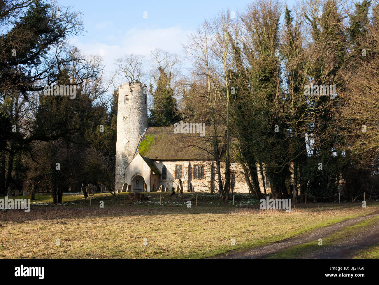 Kirche der Heiligen Maria, Cranwich, Thetford, Norfolk mit seinen sächsischen Turm und Strohdach. Stockfoto