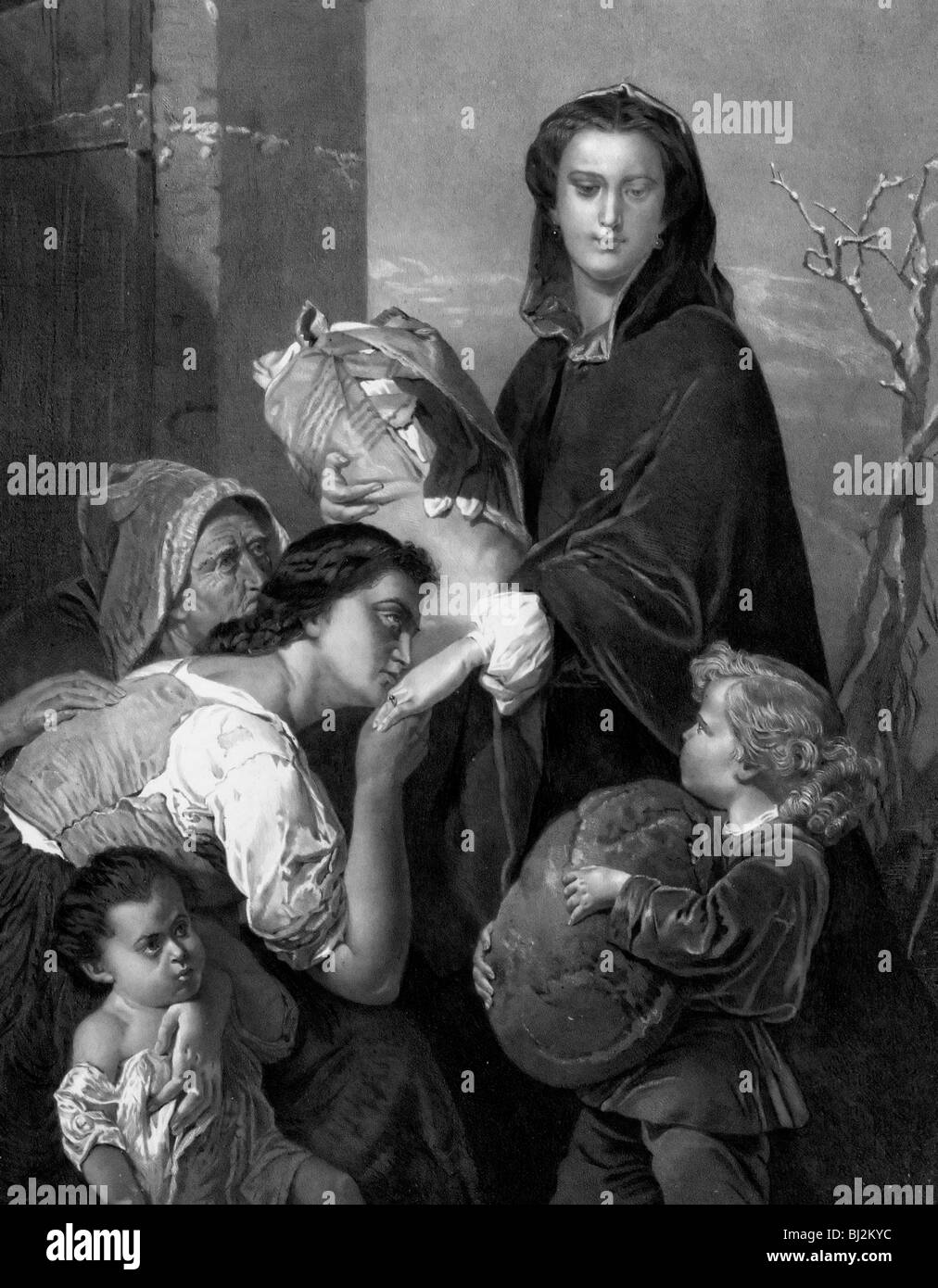Güte - Print zeigt eine Frau, die Verteilung von Nahrung und Kleidung zu einer armen Familie, ca. 1873 Stockfoto