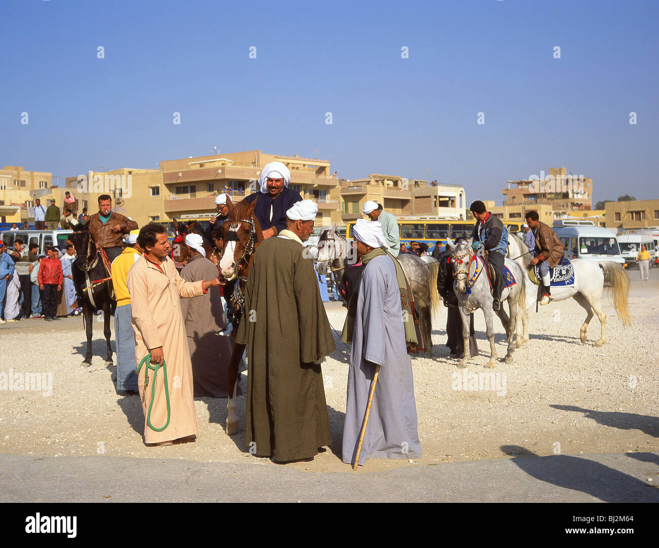 Lokalen männliches Pferd Reiter nach Gizeh-Pyramiden, Gizeh, Giza Governate, Ägypten Stockfoto
