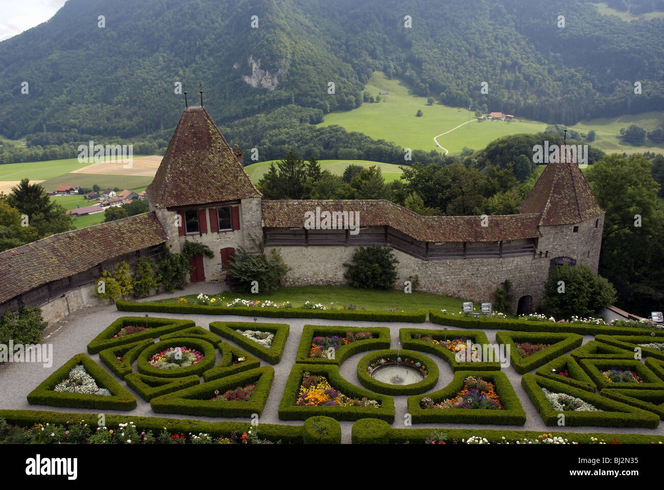 Die Gärten von Schloss Gruyères Stockfoto