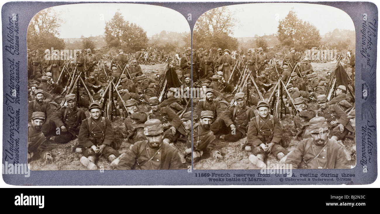 Underwood Stereo-greeting Card / "Französisch behält sich vor, aus den USA ruhen während drei Wochen Schlacht des Marne." Stockfoto