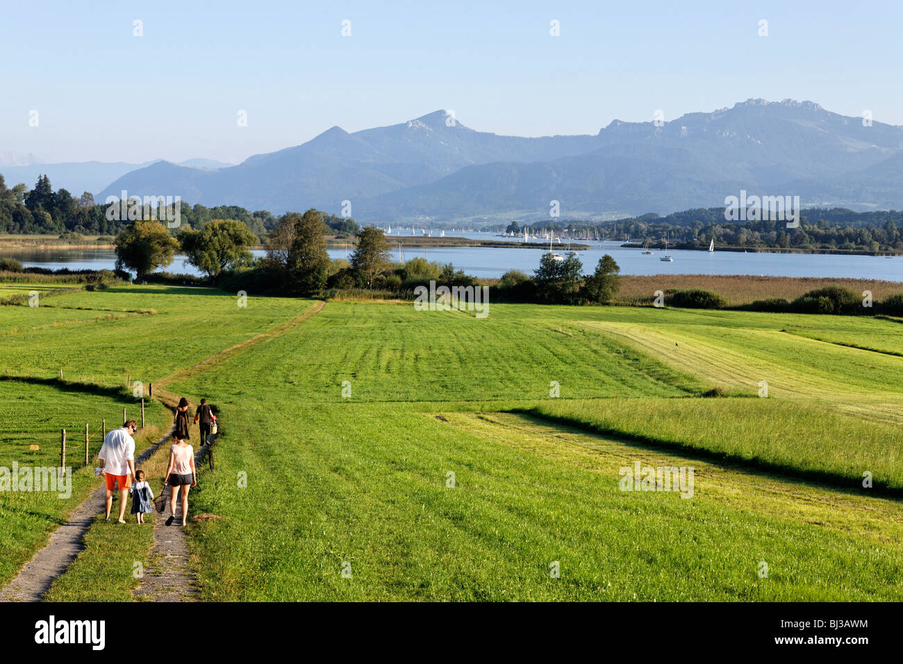 Junge Familie, die zu Fuß auf Weg in Schafwaschen, Chiemsee-Chiemgau-Oberbayern-Deutschland Stockfoto