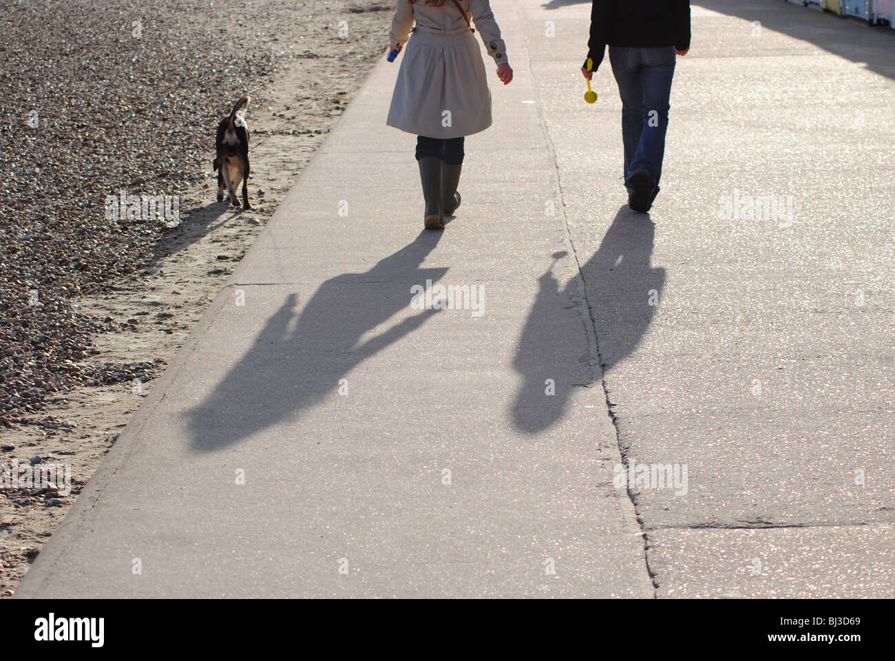 Ein paar Spaziergang mit ihrem Hund entlang des Strandes bei Lyme Regis. Stockfoto