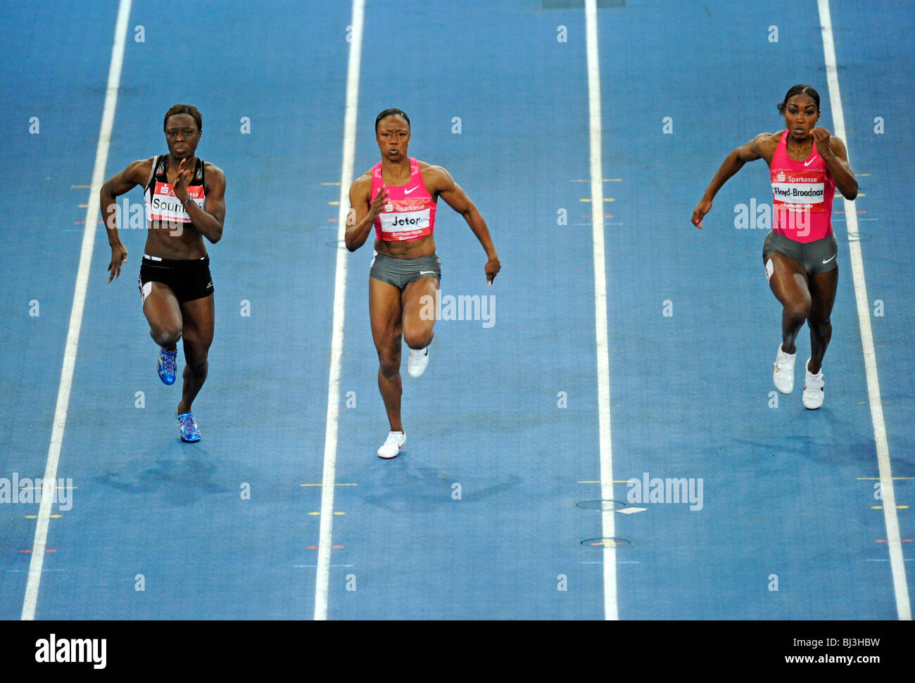 Sprint der Frauen, von links nach rechts: Miryam Soumare FRA, Carmelita JETER USA Ebonie FLOYD-BROADNAX USA, Sparkassen-Cup 2010 Spo Stockfoto