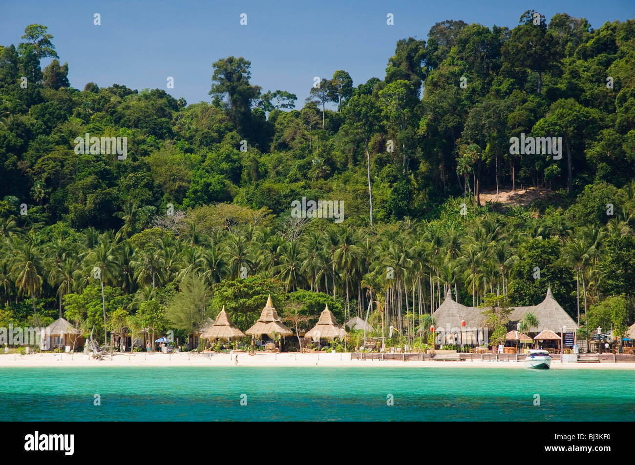 Bungalow-Hotel, Strand und Palmen Wald, Ko Hai oder Koh Ngai Insel, Trang, Thailand, Asien Stockfoto
