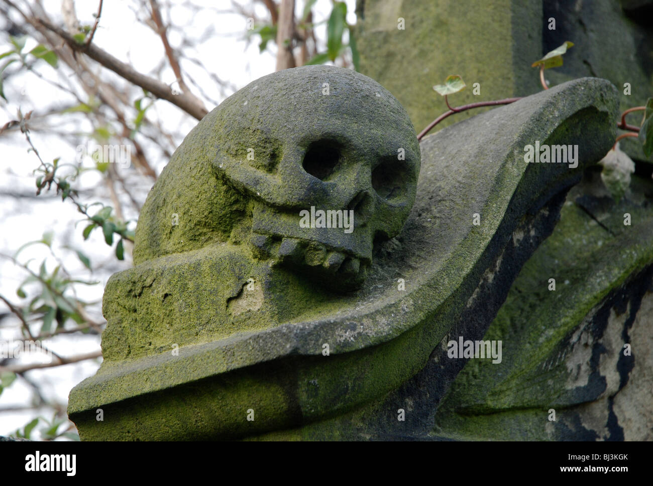 Schädel, Teil von einem Grabstein im alten Calton Burial Ground, Edinburgh, Schottland. Stockfoto