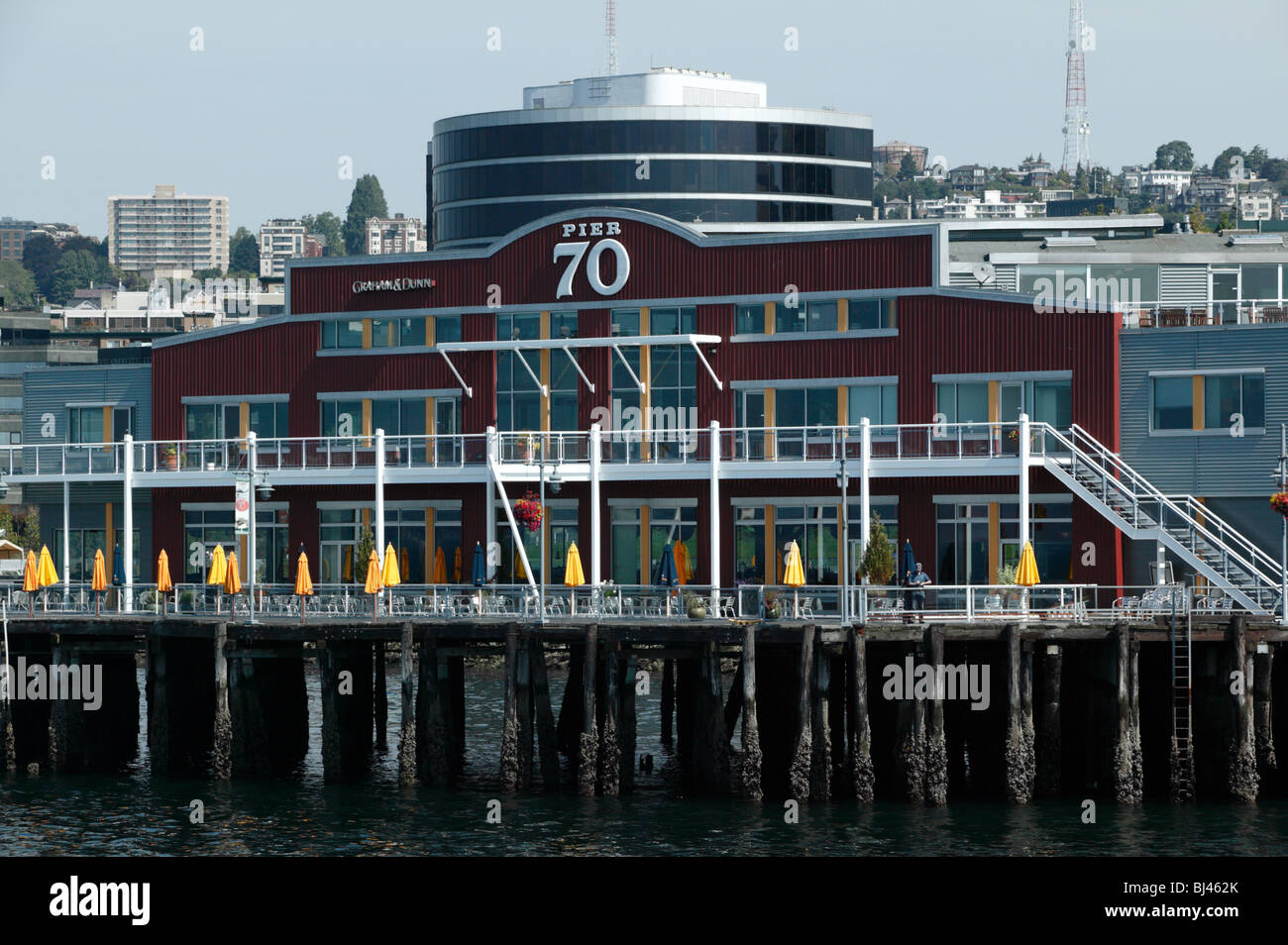 Blick auf Pier 70, Elliot Bay, Seattle Stockfoto