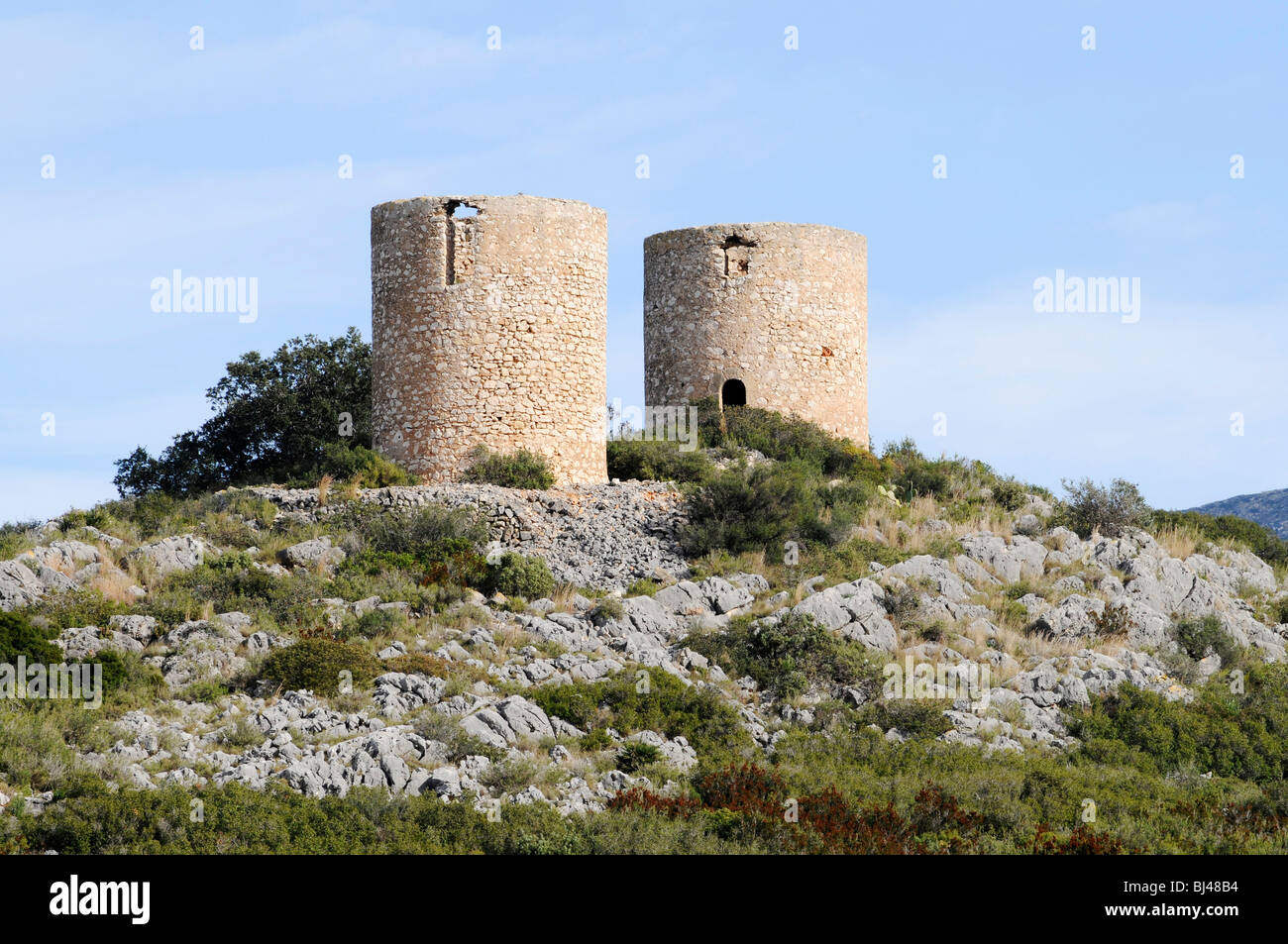 Historische Windmühlen, Berg, Gata de Gorgos, Javea, Costa Blanca, Alicante Provinz, Spanien, Europa Stockfoto