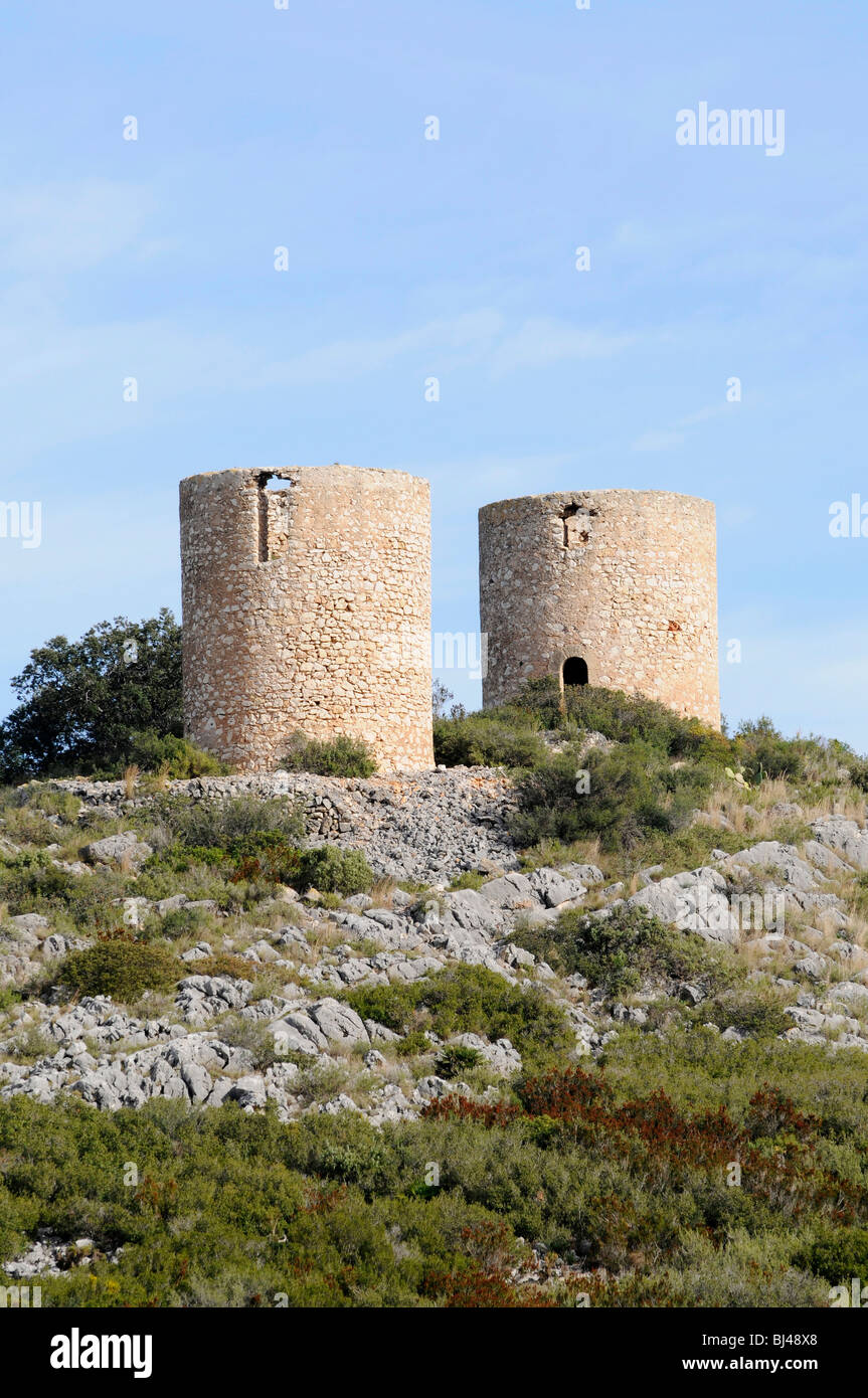 Historische Windmühlen, Berg, Gata de Gorgos, Javea, Costa Blanca, Alicante Provinz, Spanien, Europa Stockfoto