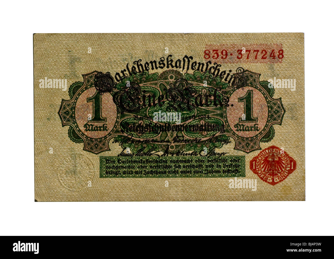 Darlehen Sie Gesellschaft Banknote über eine Marke von National Debt Office, Berlin, Deutschland, 12. August 1914, vorne Stockfoto