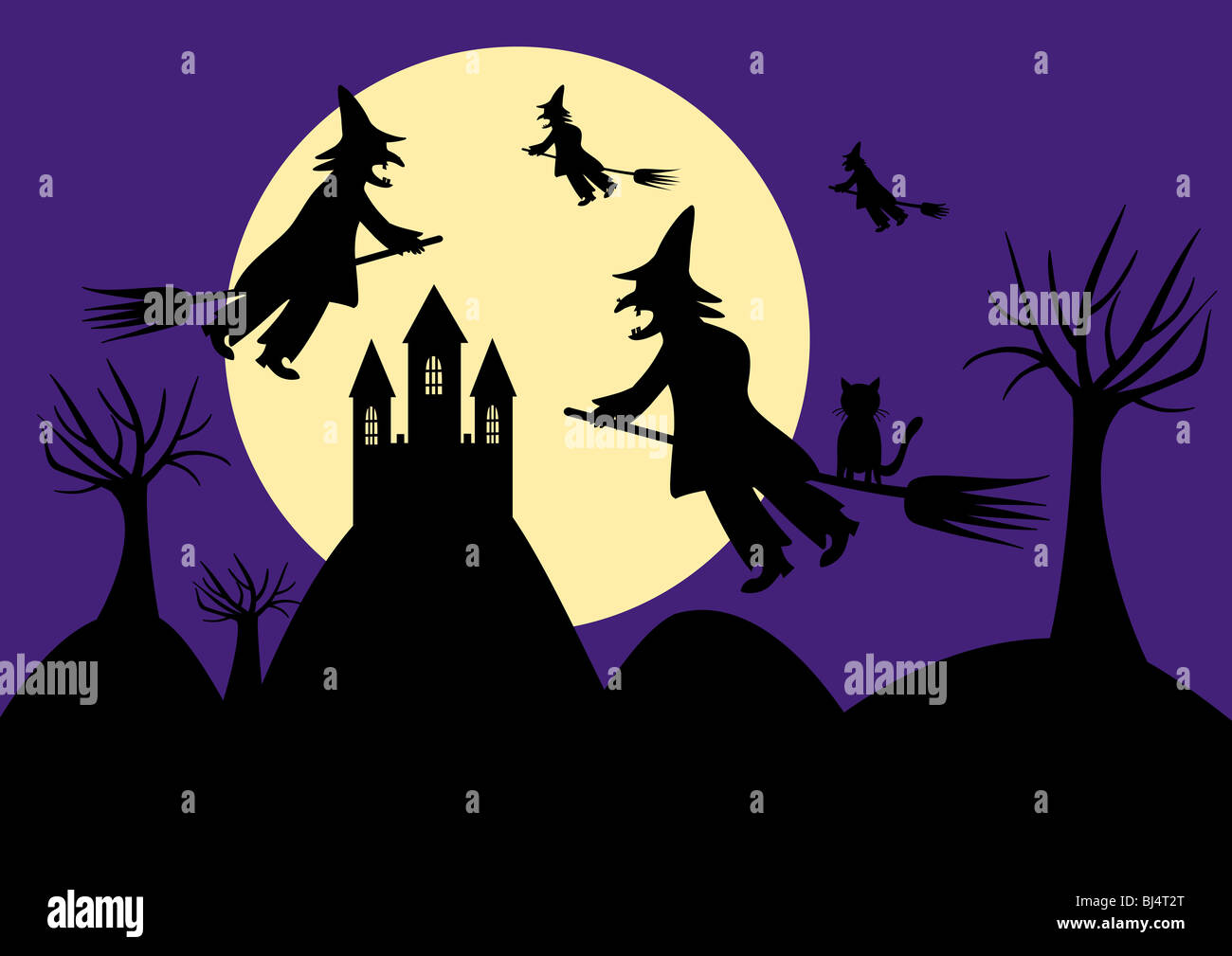 Sabbat - Hexen fliegen auf einer Burg zu Sabbat Hexe Stockfoto