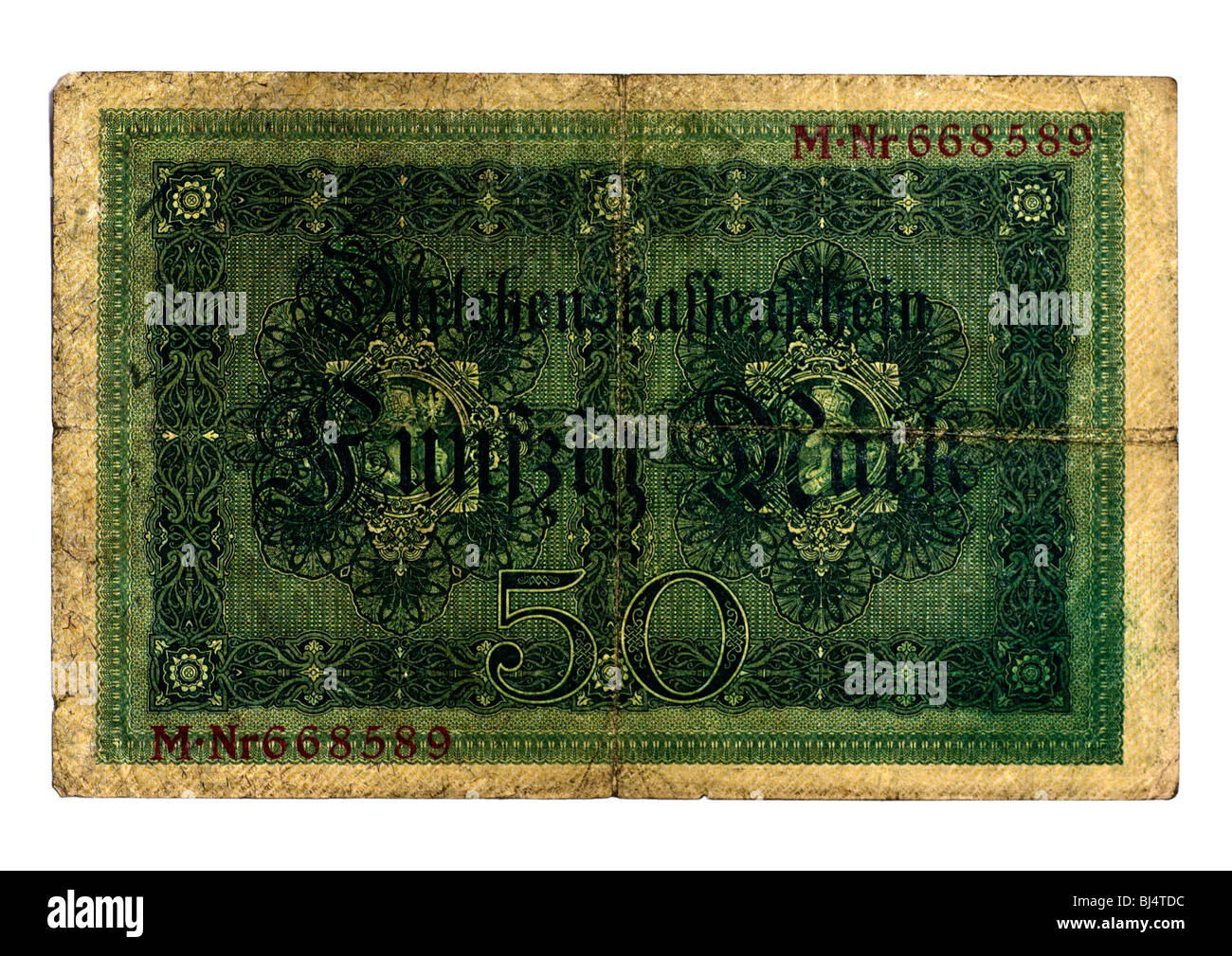 Rückseite des Darlehens Gesellschaft Banknote über 50 Marken der National Debt Office, Berlin, Deutschland, 5. August 1914 Stockfoto