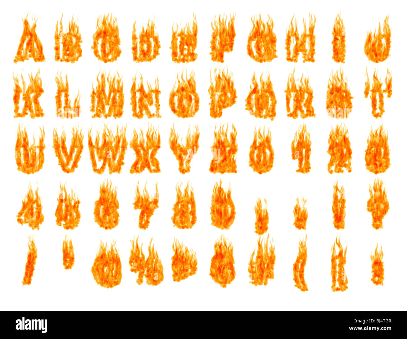 Brennen Sie Alphabet Buchstaben und Zahlen isolierte Silhouetten auf weißem Hintergrund. Gerenderte 3D illustration Stockfoto